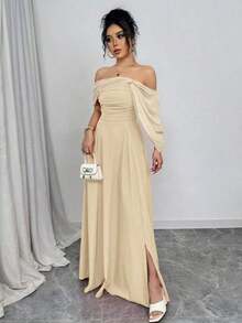 xheRafferiza Vestido entero con cuello alto retorcido y cintura con drapeado sin tirantes para mujeresxhe - Albaricoque - Ver 3