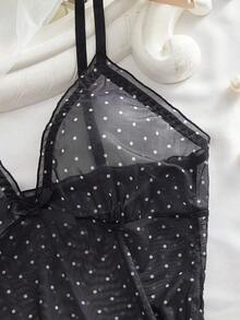 2 piezas Camisón de lunares Lencería sexy de malla transparente para mujer Conjunto de vestido de quimono (con pantie) - Negro - Ver 4