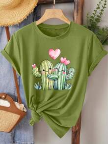 Women's Short-Sleeved T-Shirt, Elegant Style, With Heart And Cactus Print, Round Neck, Ideal For Spring, Summer, Autumn, Fashion, Daily Travel, Versatile, Casual, Elegant, Retro Style, Available In Sizes S-XXL - 蕨綠色 - 查看 1