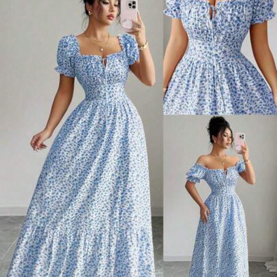 YijiaNvz Nuevo vestido de mujer con estampado digital, mangas abullonadas, nudo delantero, espalda descubierta y cintura ceñida. Elegante y chic para vacaciones, citas, estilizador y adelgazante - Azul - Ver 1