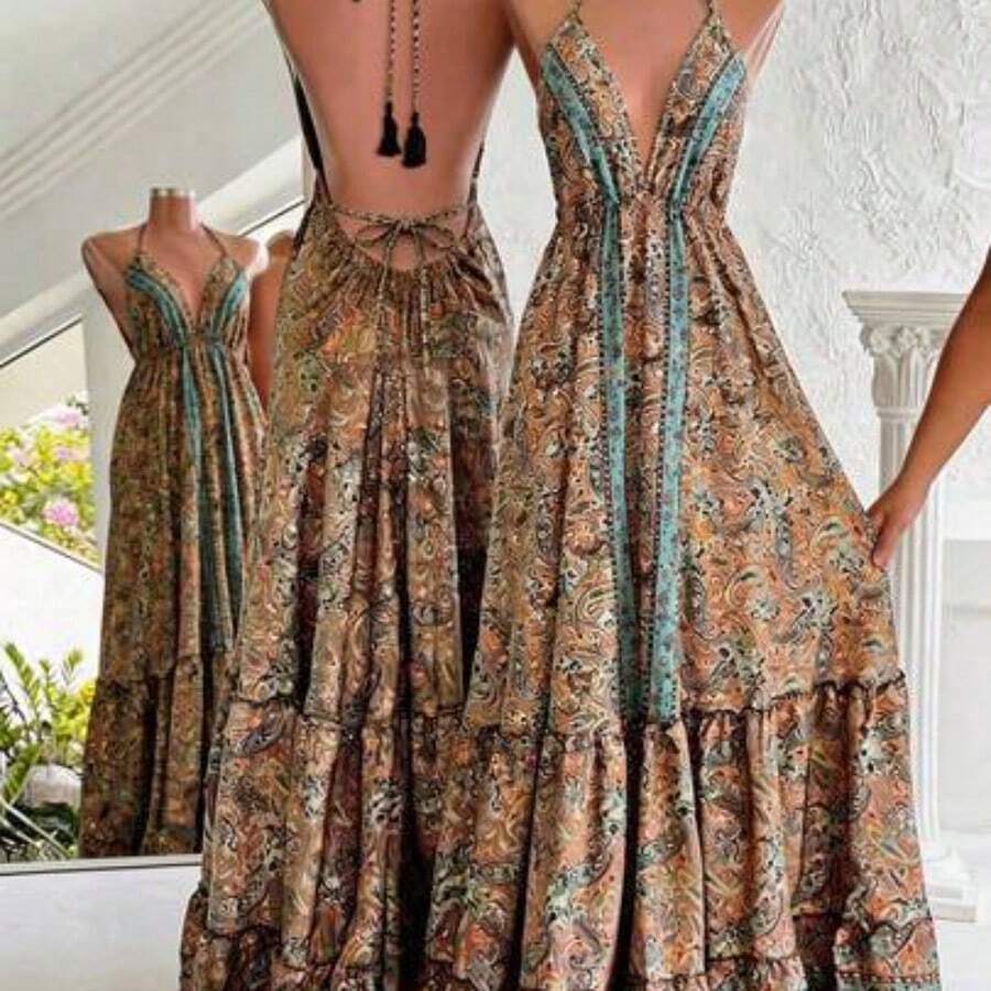 Nana's Women's Clothing Store  Vestido casual de vacaciones con estampado de paisley, cuello halter y espalda descubierta, vestido bohemio, vestido largo bohemio, vestido largo de verano, vestido de vacaciones, vestido hippie, vestido Y2K, vestido envolvente para damas, vestido de mujer, vestido bohemio, ropa bohemia para mujer, vestido de resort, vestido de vacaciones, vestido vintage para mujer, vestidos bohemios para mujer, vestidos largos para mujer - Multicolor - Ver 1