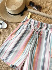 Pantalones cortos de mujer con cintura con cordón, bolsillos en diagonal y unicolor, para vacaciones casuales y viajes diarios, minimalistas y versátiles - Multicolor - Ver 4