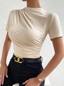Body de camiseta ajustado unicolor fruncido - Beis - Ver 3