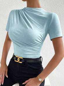 Body de camiseta ajustado unicolor fruncido - Azul - Ver 6