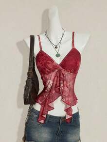 Top informal de tirantes con escote en V, dobladillo con volantes y estampado floral rosa para vacaciones' - Burdeos - Ver 11
