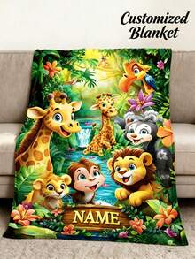Personalized Custom Name Fleece Blanket, Jungle Wildlife Lion Giraffe Monkey Cartoon Print, Soft Cozy Throw Blanket For Kids Room And Baby Nursery - Multicolor - View 1