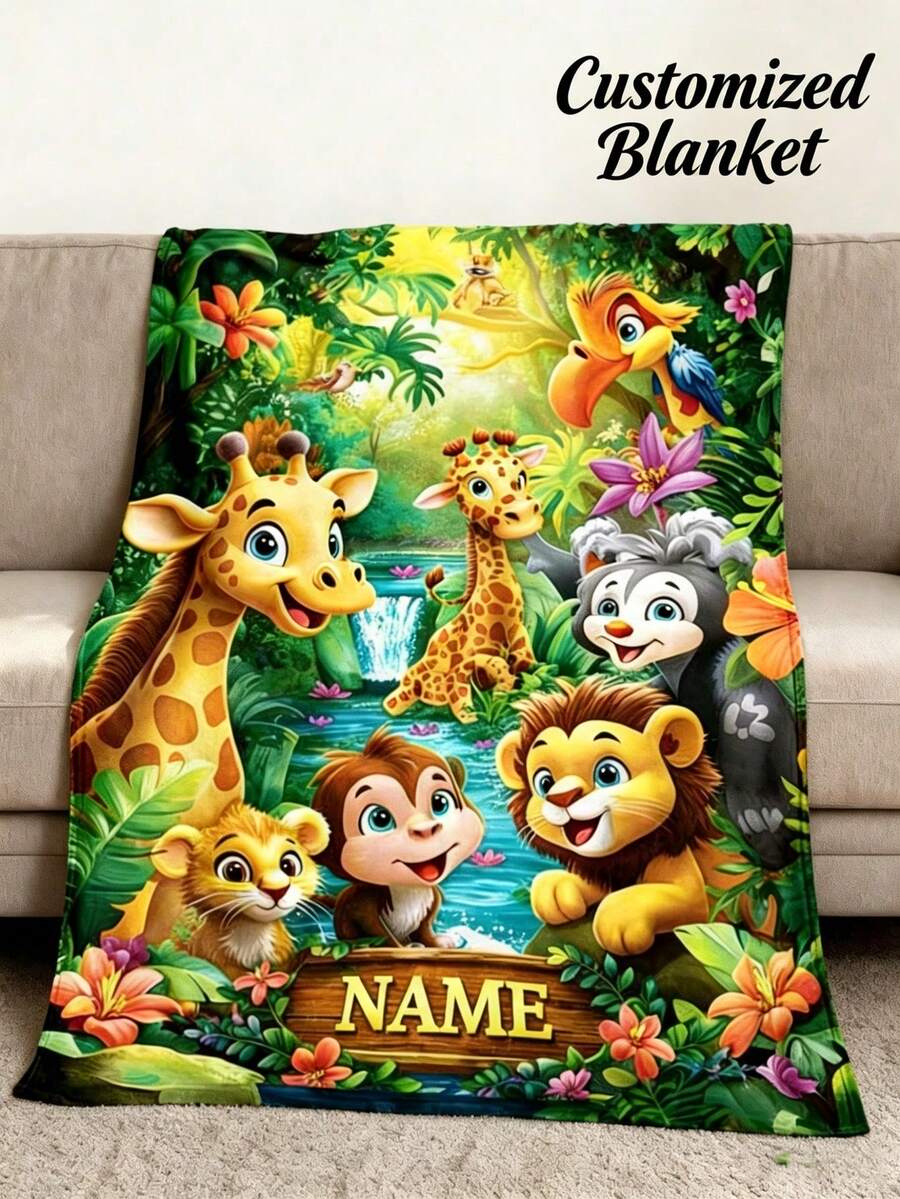 Personalized Custom Name Fleece Blanket, Jungle Wildlife Lion Giraffe Monkey Cartoon Print, Soft Cozy Throw Blanket For Kids Room And Baby Nursery - Multicolor - View 1