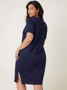 Vestido casual para cena y citas de tallas grandes con abertura lateral y color sólido - Azul marino - Ver 2