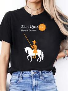 Blusa casual para mujer con estampado de letras en español, camiseta casual de primavera/verano, camiseta deportiva de manga corta con cuello redondo, tops de algodón para mujer. - Negro - Ver 1