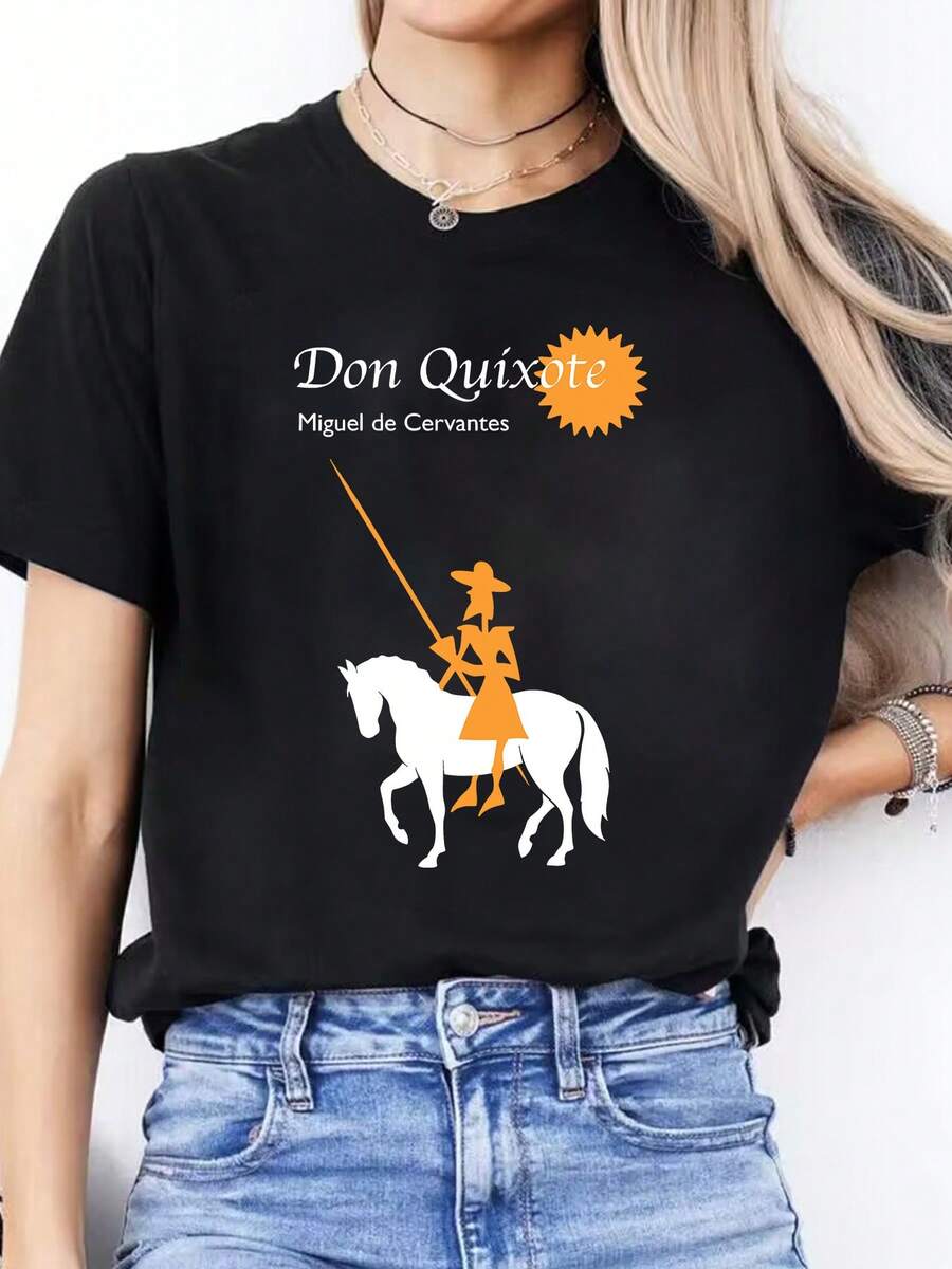 Blusa casual para mujer con estampado de letras en español, camiseta casual de primavera/verano, camiseta deportiva de manga corta con cuello redondo, tops de algodón para mujer. - Negro - Ver 1