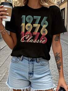 Camiseta de mujer para el 50º cumpleaños de 1976 - Regalo para 50 años, top casual de manga corta con cuello redondo y estampado de 50º cumpleaños, atuendo de cumpleaños para celebración de verano y primavera. - Negro - Ver 1
