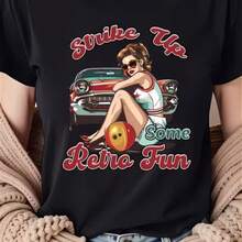 Camiseta informal de algodón de manga corta y cuello redondo para mujer con estampado gráfico retro y divertido, corte regular. - Negro - Ver 1
