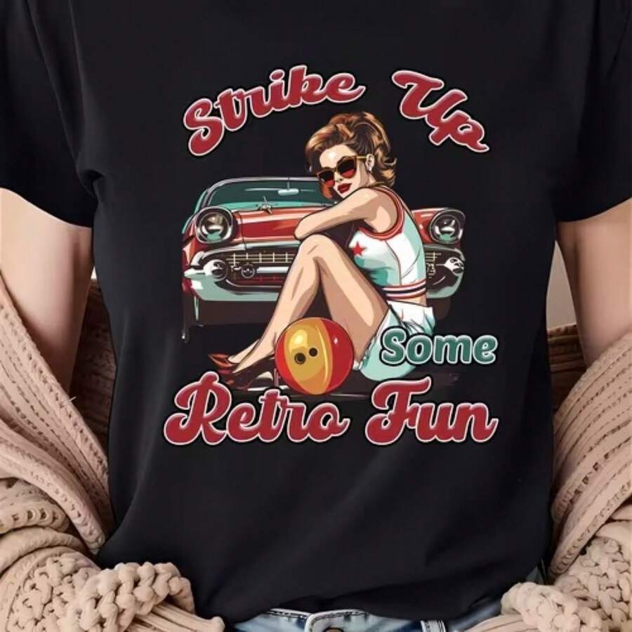 Camiseta informal de algodón de manga corta y cuello redondo para mujer con estampado gráfico retro y divertido, corte regular. - Negro - Ver 1