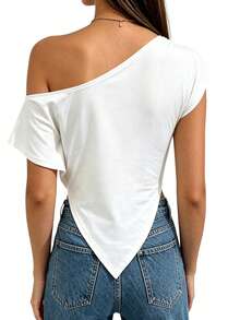 Womens Off One Shoulder Tops Solid Color Slim Fit Short Sleeve Asymmetrical Pointed Hem T-Shirt - White - View 5