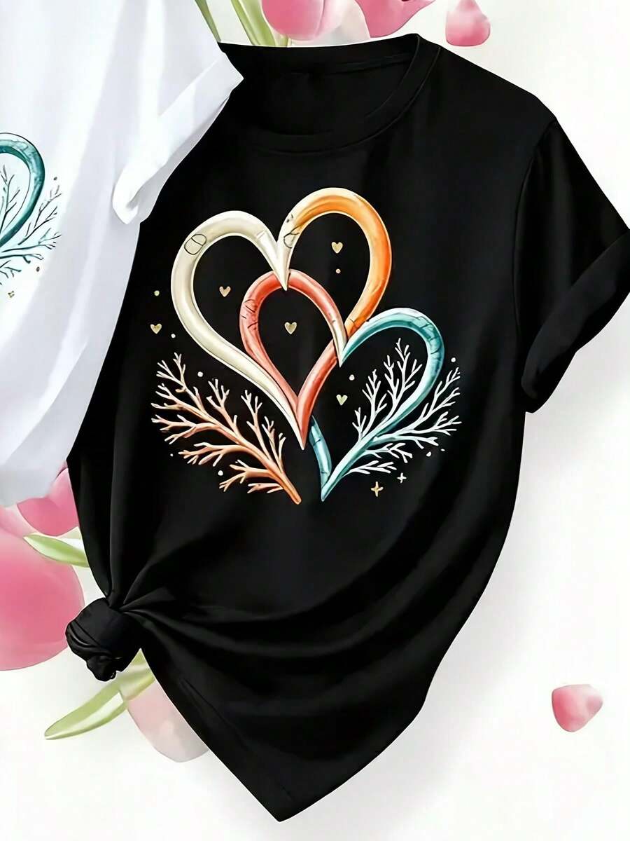Women's 100% Cotton T-Shirt - Casual Short-Sleeved Crew Neck T-Shirt With A Heart-Shaped Coral Print For Spring And Summer. This Urban-Friendly, Breathable T-Shirt Is Suitable For The Beach, Office, And Everyday Casual Wear, And Can Be Worn Year-Round. Perfect For Layering In Spring And Autumn Or As A Standalone Piece In Summer. Unisex Style, Suitable For Brides. High-Quality, Fashionable Cotton T-Shirt. - 黑 - 查看 1
