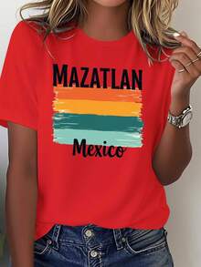 Women's T-Shirt With Mazatlán, Mexico Design - 100% Comfortable For Casual Vacations And Everyday Wear, Featuring The Words "Mazatlán Mexico" And The Colors Of The Flag - Mexican Souvenir Garment For All Seasons - Geometric Pattern Design, Machine Washable, Loose Fit, Bright Green/Orange/Blue/Yellow/Red/White Stripes, Round Neck, Short Sleeves, Lightweight And Breathable, Suitable For Travel And Casual Outings. - 紅色 - 查看 7