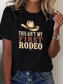 Women's Western Cowboy Design T-Shirt - Slogan "This Is Not My First Rodeo", With Cowboy Hat And Horseshoe Design - 100% Casual And Comfortable Short-Sleeve T-Shirt In Blue And Gold, Suitable For Country Western Style Events And Everyday Wear - Geometric Design, Machine Washable, Suitable For All Seasons, Loose Fit, Bright Blue, Fun Western Theme, Round Neck, Eye-Catching Piece, Adds A Touch Of Style To Your Casual Outfit. - 黑色 - 查看 7