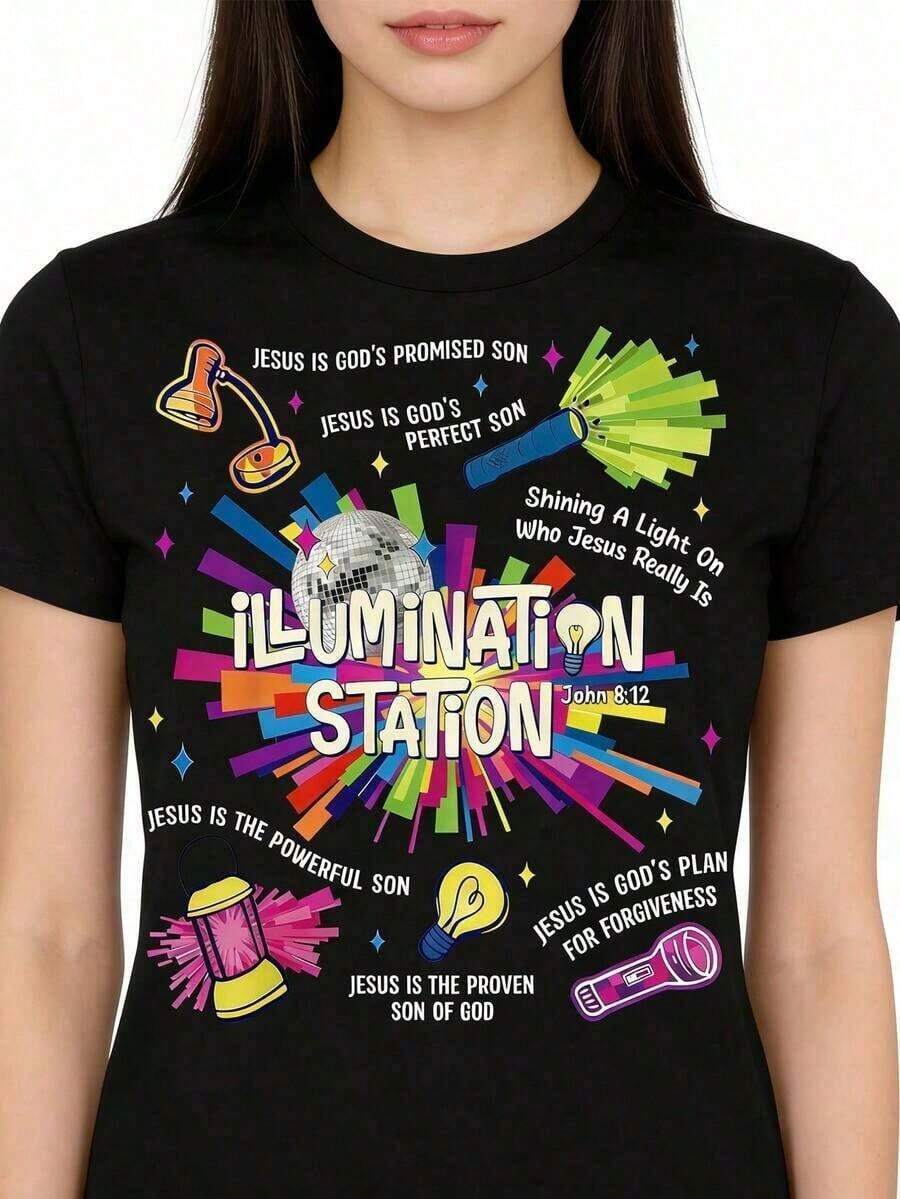 Soft T-Shirt Mexican Basic Illumination Station VBS 2026 Bible School Christian Lights For Women, Summer Clothing - Vintage Urban Style, Unisex, Cotton, Short Sleeve, Round Neck, Loose Fit, New Release Pattern - 黑色 - 查看 1