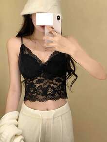 Áo hai dây ren cho nữ có đệm ngực tích hợp, áo vest ngắn gợi cảm, đồ lót hở lưng đa năng. - màu đen - Xem 4