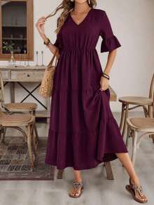 Vestido de mujer de unicolor con mangas con volantes, estilo casual para vacaciones - Morado - Ver 6