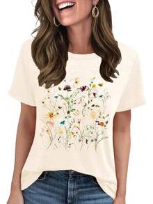Camiseta de Mujer con Estampado LETSEE, Manga Corta, Holgada, Casual, Bonita, Estilo Bohemio Retro, Top de Verano - Beis - Ver 11