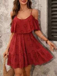 Clasi Vestido de mujer con escote en V con volantes, de manga corta, elegante, con tirantes de espagueti, con estampado floral ditsy, vestido casual/de fiesta/de primavera-verano para vacaciones, vestido de hombros descubiertos de verano, vestido az - Rojo - Ver 7