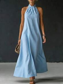 Women's Halter Neck Sleeveless Maxi Dress, Casual Loose Linen-Look - Màu xanh lam - Xem 1