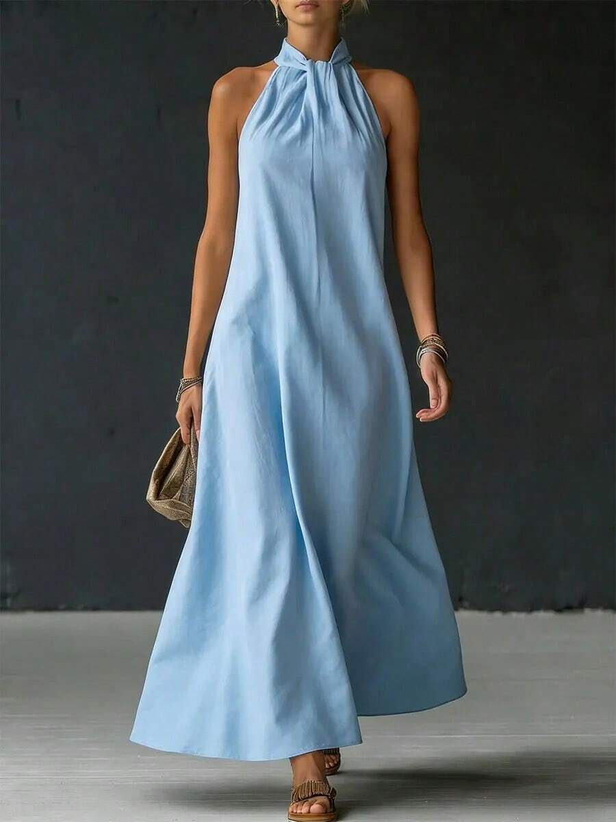 Women's Halter Neck Sleeveless Maxi Dress, Casual Loose Linen-Look - Màu xanh lam - Xem 1