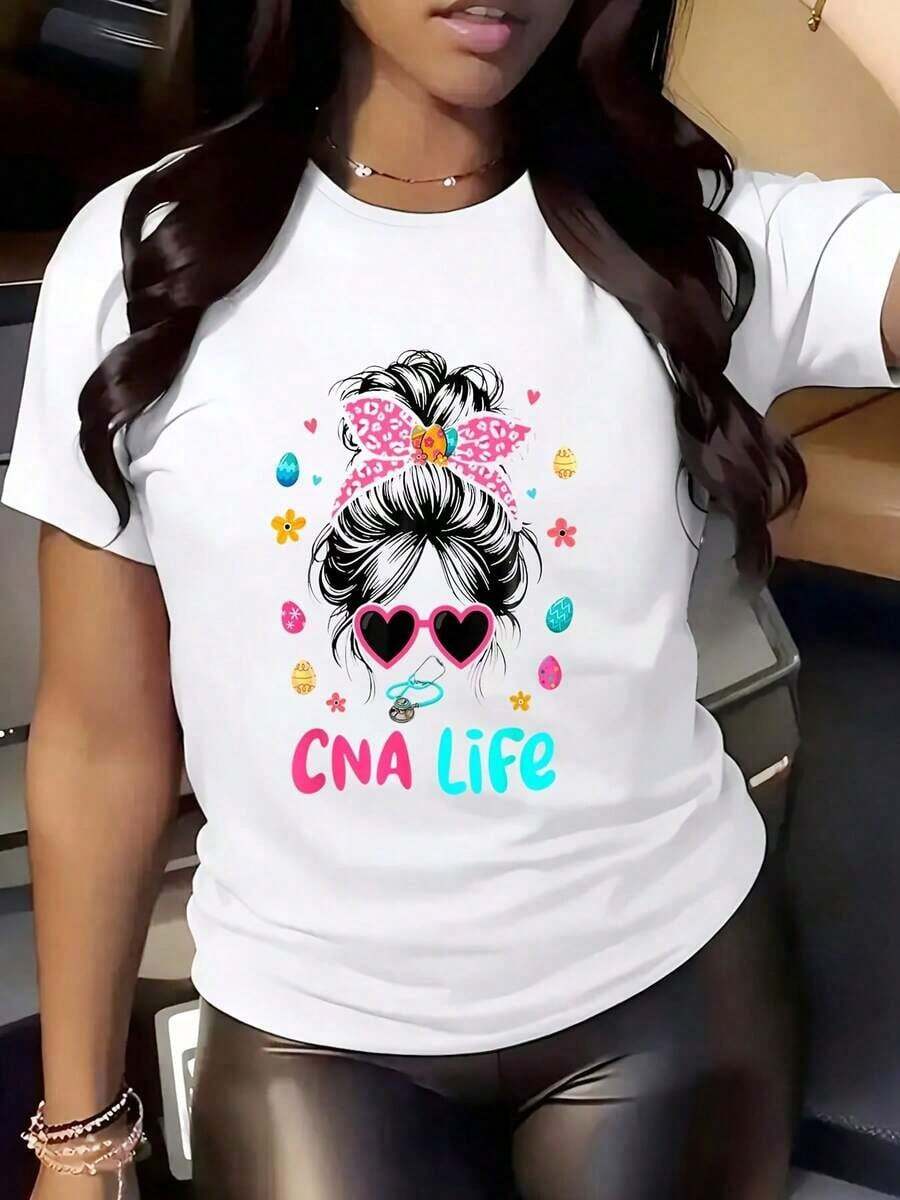 Women's Crew Neck Nurse Dress With Heart Glasses And Hair Bow For Daily Wear At Work, Easter Season, 220g, Breathable And Comfortable - 白色 - 查看 1