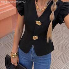 Fengyu Women's Clothing Store  Elenzya Cárdigan de mujer con cuello en V, decoración de hebilla de metal de unicolor elegante y mangas abullonadas, blusa refinada de mujer - Marrón - Ver 4