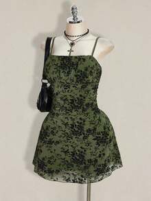 Vestido de verano/otoño con estampado de hojas de arce con volantes, adecuado para vacaciones/vuelta al colegio, vestidos de sol para mujer de talla grande - Verde Oliva - Ver 4