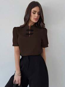Nueva camisa elegante y romántica de botones con mangas abullonadas y contraste de colores para mujer, para primavera/verano - Café integral - Ver 3