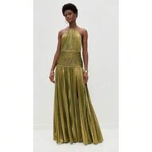 Sleeveless Halter Neck Dress With Metallic Pleats, Side Slit, Adjustable Drawstring, And Open Back, For Women - Gold - View 4