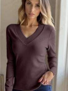 Women's Striped V-Neck Knit Sweater With Elastane, Basic Women's Knit Sweater 2025 - 咖啡棕 - 查看 1