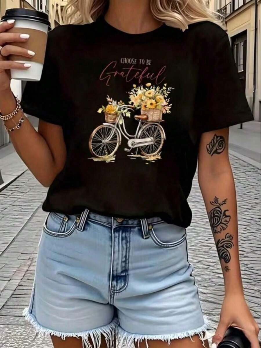 Ropa de mujer a la moda, con estampado de bicicletas y cestas de flores, top estampado de manga corta informal, adecuado para el uso diario casual, deportivo y de vacaciones de las mujeres. - Negro - Ver 1