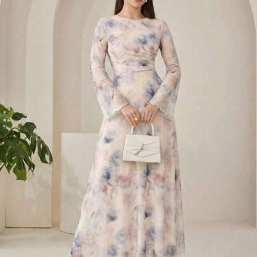 Nana's Women's Clothing Store Vestido elegante de mujer con cuello redondo, mangas acampanadas y plisado en estilo tie-dye - Púrpura malva - Ver 1