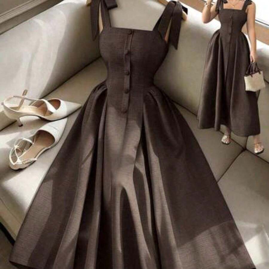 guangzhougaolangshangmao Nuevo vestido midi tejido bicolor con textura y tirantes anudados, elegante y versátil para uso en la oficina - Marrón - Ver 1