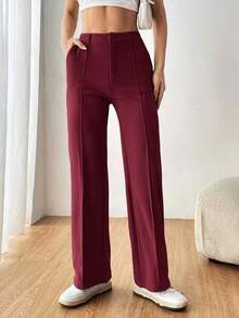 Pantalones rectos de traje para mujer con costuras expuestas para otoño/invierno - Burdeos - Ver 6