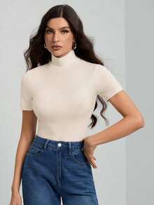 Tall Camiseta básica de unicolor negro de cuello alto con mangas cortas para mujer - Albaricoque - Ver 6