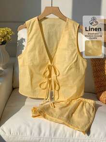 Conjunto casual de 2 piezas de top corto sin mangas con cordones delanteros y shorts para mujer en beige - Amarillo - Ver 3