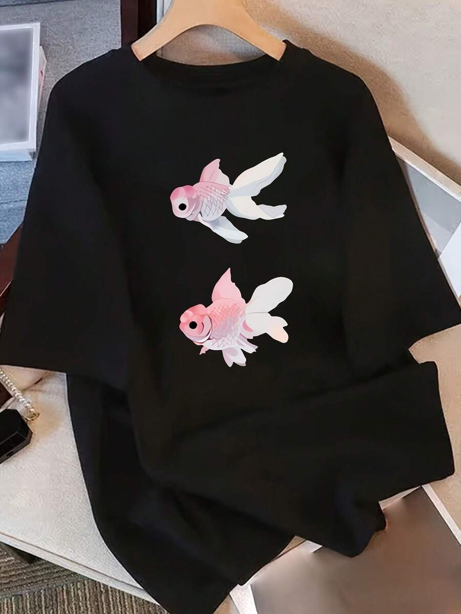 Camiseta de manga corta para mujer con diseño y estampado únicos, nuevo estilo de verano holgado para 2025, top favorecedor para - Negro - Ver 1