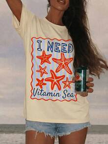 Camiseta de mujer de talla grande con estampado de estrella de mar "I Need Vitamin Sea", linda camiseta retro con estampado oceánico, cuello redondo y manga corta, estilo estético Y2K, estilo costero de abuela, ropa de calle de verano, top holgado, casual y transpirable, ropa preppy boho chic para vacaciones, camiseta con estampado de temática playera a la moda, perfecta para vacaciones en la playa, festivales de verano, despedidas de soltera, uso diario casual, salidas de fin de semana, paseos por la ciudad, citas en un café, conciertos de música, viajes, escapadas costeras, estilo urbano, reuniones de verano, fiestas en la piscina, ropa para el campus universitario, atuendo para resorts, evento con temática oceánica. - Albaricoque - Ver 5