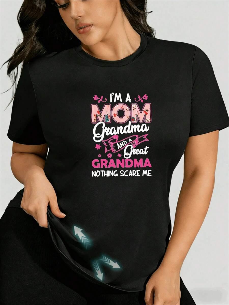 Camiseta de mujer de algodón manga corta casual estampado mamá y abuela juvenil en México - Negro - Ver 1