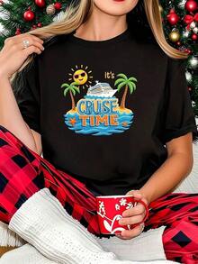 Women's T-Shirt, Creative Design With "It's CRUISE TIME" Print Featuring Sun, Palm Tree, And Summer Vacation Vibes. Short-Sleeved T-Shirt With A Round Neck And Print. Machine Washable, Suitable For Holiday Parties, Casual Style, Comfortable Fit, Fashionable. Cotton T-Shirt. - 黑色 - 查看 8