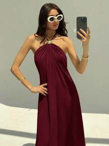 MEXAloruh Nuevo vestido largo con cuello halter, plisado, sin espalda, con decoración de bolas metálicas, talla grande, silueta favorecedora en color champánMEX RPH4 - Burdeos - Ver 6