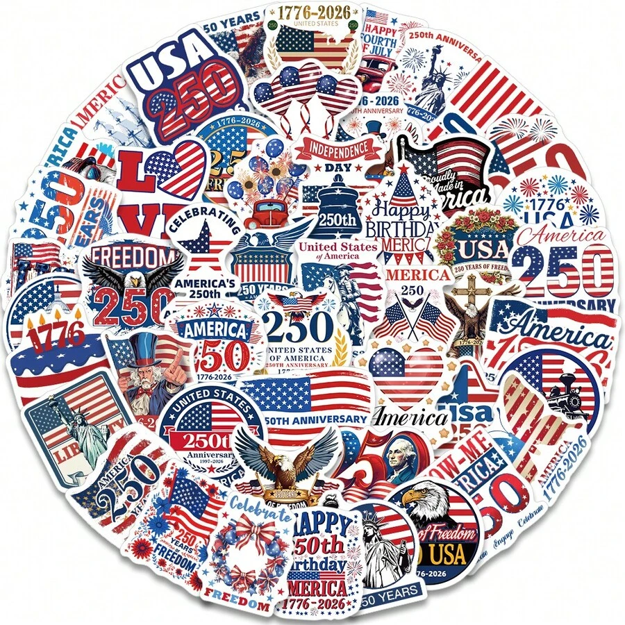 50PCS Fun American 250th Independence Day Cartoon Art Sticker Celebration Support Holiday Gift Decoration Scrapbook Phone Case Water Cup Guitar Laptop Collection Sticker