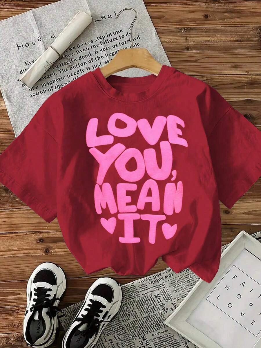 Camiseta de mujer de manga corta con cuello redondo y estampado de letras, casual de verano - Rojo - Ver 1