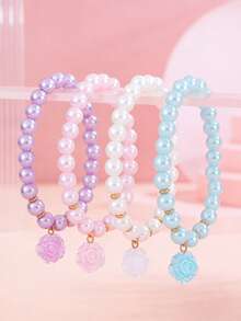 Bộ 4 vòng tay hạt cườm hình hoa hồng pastel cho bé gái, vòng tay ngọc trai giả hình hoa, trang sức tình bạn kiểu công chúa ngọt ngào. Quà tặng trang sức tình bạn. - Nhiều màu - Xem 3