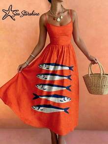 Nuevo lanzamiento de primavera/verano Sea Starshine: Vestido largo maxi con un alegre estampado de peces, perfecto para vacaciones en la playa y el té de la tarde. - Naranja - Ver 3