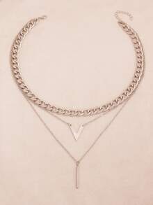 1 pieza Collar multicapa, cadena cubana gruesa con colgantes en forma de V y barra, joyería punk de hip-hop para mujer - Estilo 1 - Ver 1